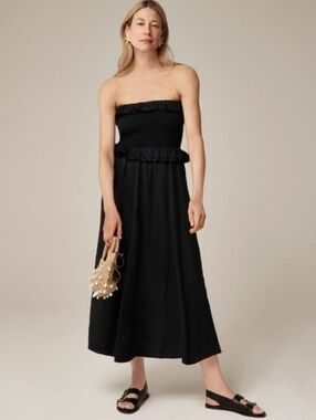 J. Crew black ruffle smocked strapless midi dress